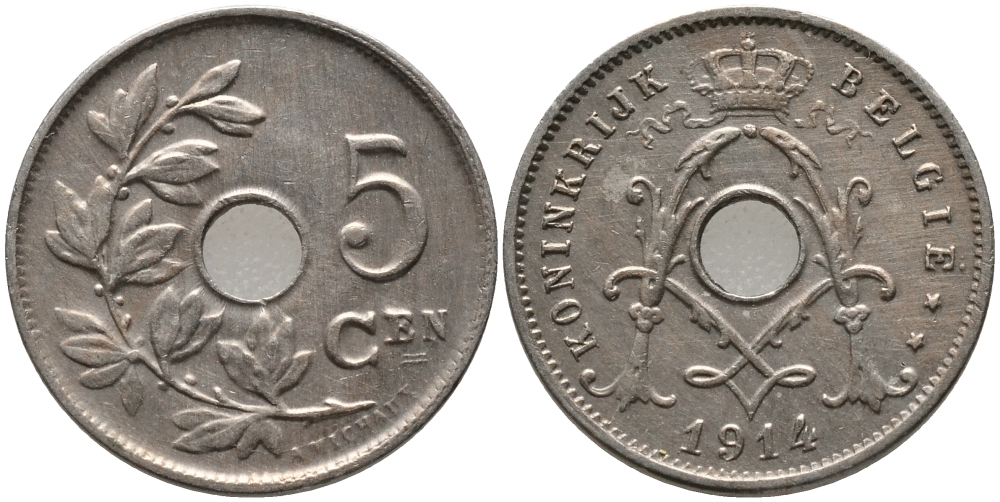 БЕЛЬГИЯ 5 САНТИМОВ 1914 BELGIE KM 67 медно-никель 72-1161