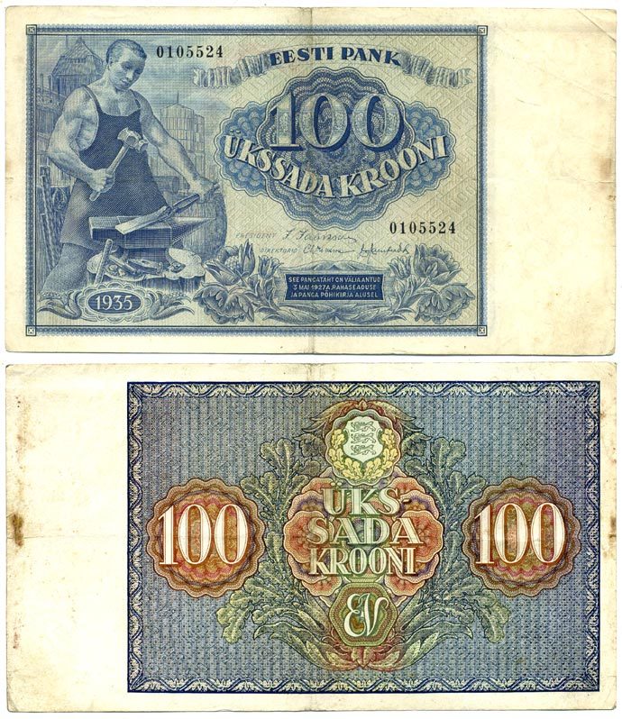 Эстония 100 крон 1935 кузнец Pick 66 a  бумага   451-582-2