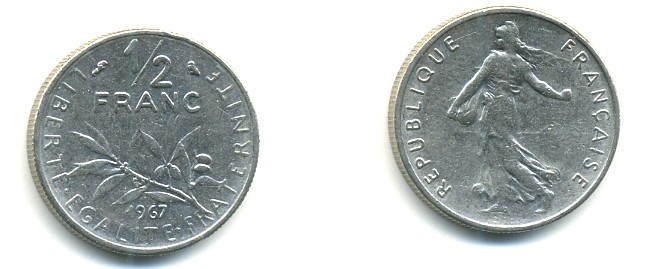 ФРАНЦИЯ 1/2 ФРАНКА 1967 KM 931.1 никель 25-822