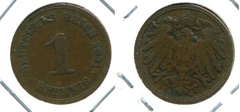 ГЕРМАНИЯ 1 ПФЕННИГ 1891 A KM 10, J. 10 медь 701-121