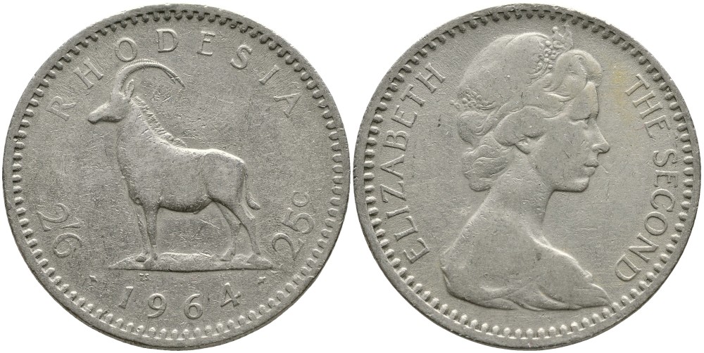 Британская Родезия 2 шиллинга 6 пенсов (25 центов) 1964 Елизавета II (1953-), черная антилопа KM 4 медно-никель 4527-1125