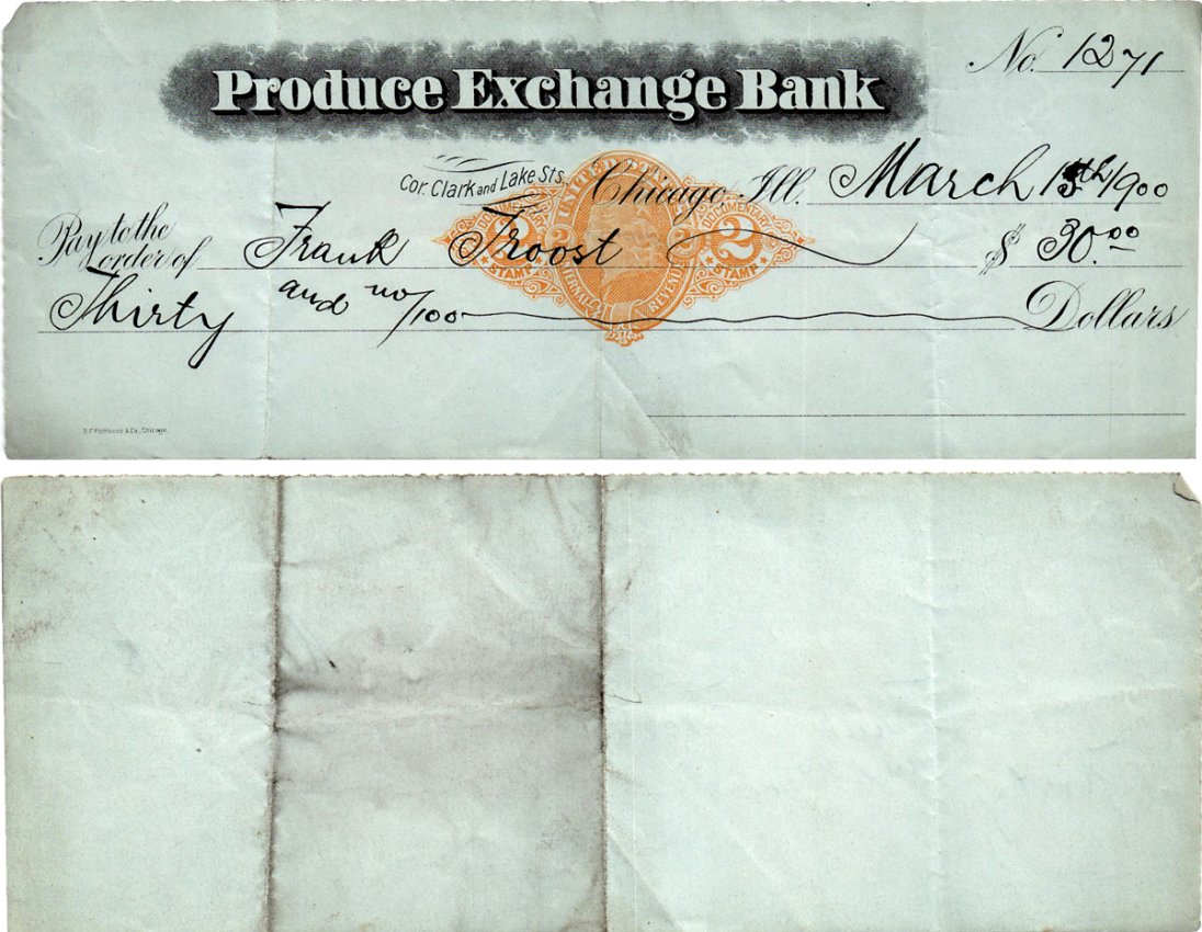 США чек на 30 долларов 1900 Produce Exchange Bank, Чикаго бумага 434-23-2-1
