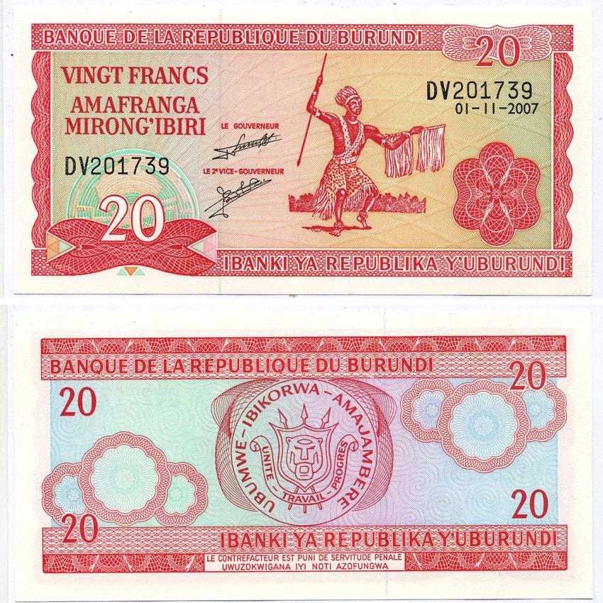 Бурунди 20 франков 2007 1 ноября 2007 Pick 27 d бумага UNC (пресс) 8589-38-2-2