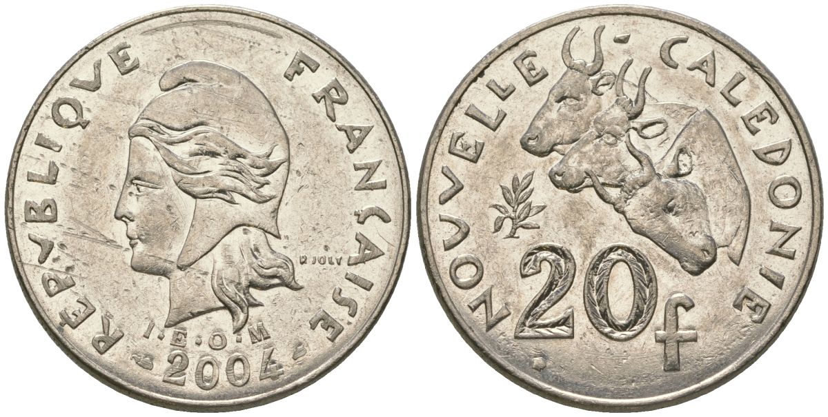 Французская Новая Каледония 20 франков 2004 три быка, (IEOM) KM 12, Schoen 14, Lec 115h никель 81-711
