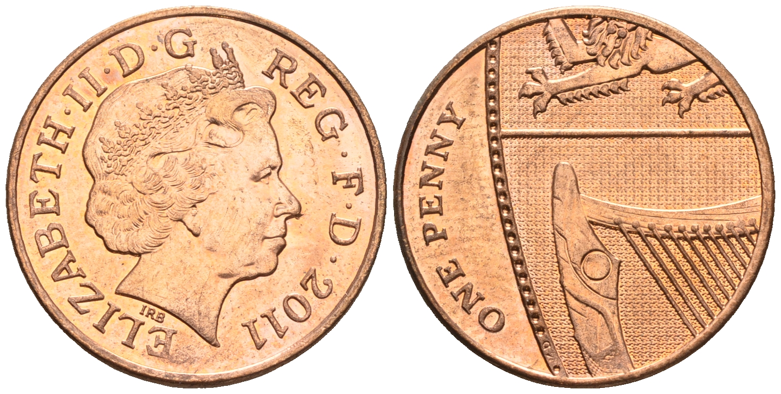 Великобритания 1 пенни 2011 Елизавета II (1952-2022) KM 1107, Spink B6 сталь плакированная медью 177-732