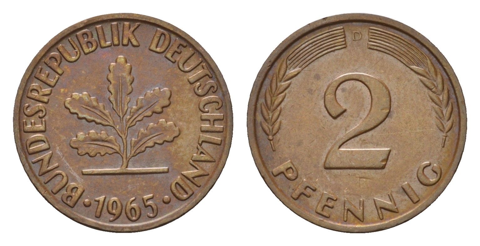 ФРГ 2 пфеннига 1965 D KM 106, J. 381 бронза 4147-163