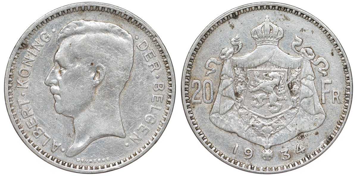 Бельгия 20 франков 1934 Альберт I (1909-1934), Der Belgen KM 104.1 серебро 4178-1034