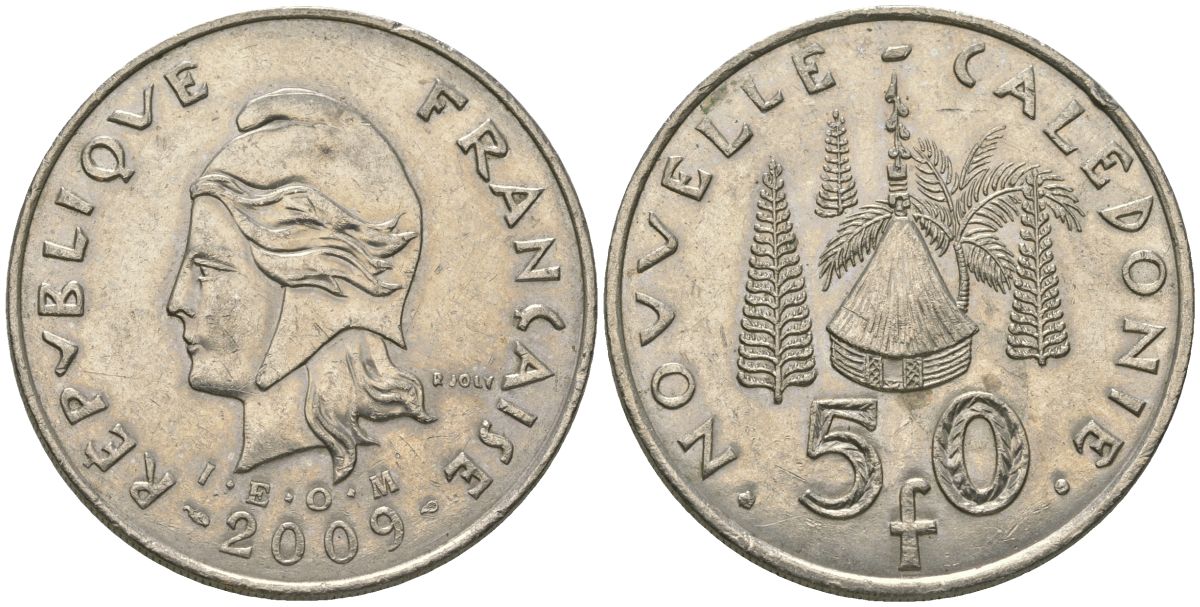 Французская Новая Каледония 50 франков 2009 хижина среди сосен и пальм, (IEOM) KM 13a, Schoen 15a, Lec 128i медно-никель 114-936