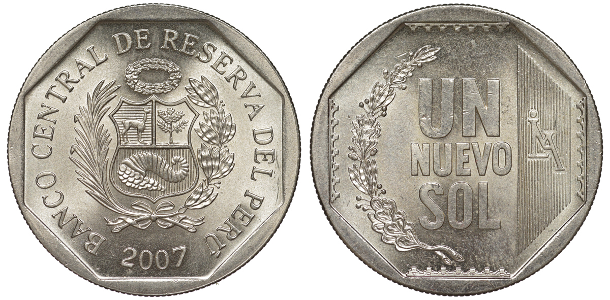 Перу 1 новый соль 2007 KM 308.4 медно-никель UNC 4605-223