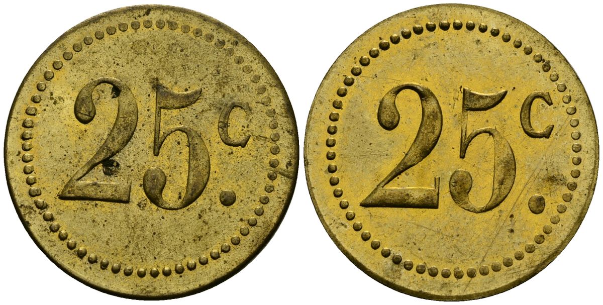 Франция 25†сантимов XIX-XX век ресторанный жетон латунь 4166-1126