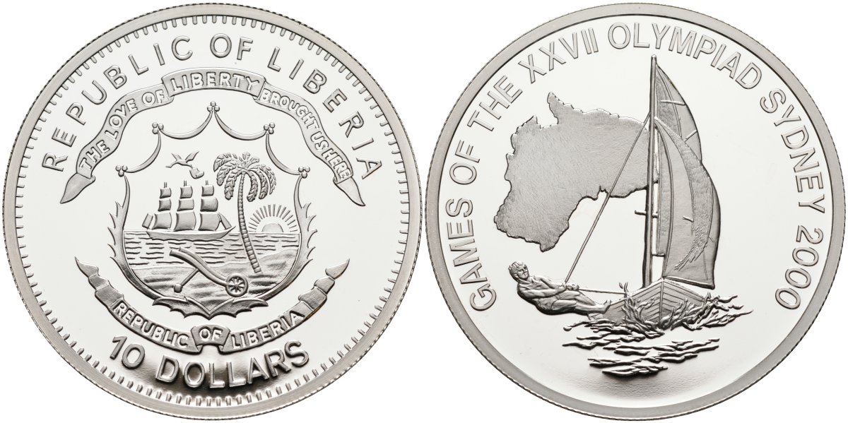 Либерия 10 долларов 2000 XXVII Олимпийские игры 2000 года в Сиднее, регата KM 704 серебро PROOF 1098-2-44
