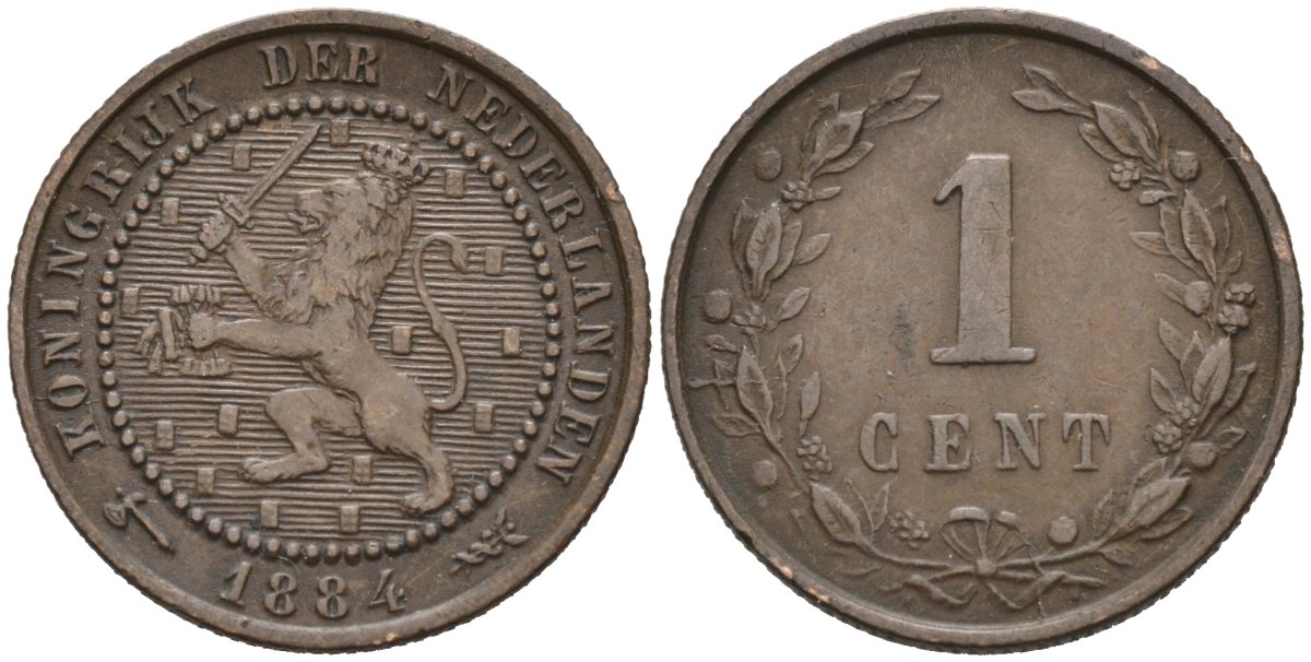 Нидерланды 1 цент 1884 Виллем III (1849-1890) KM 107 бронза 4576-618