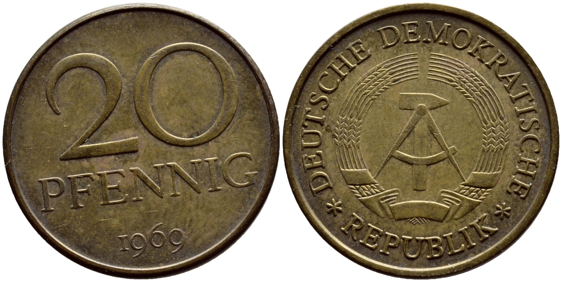ГДР 20 пфеннигов 1969 А, первый год KM 11 латунь UNC 4398-1055