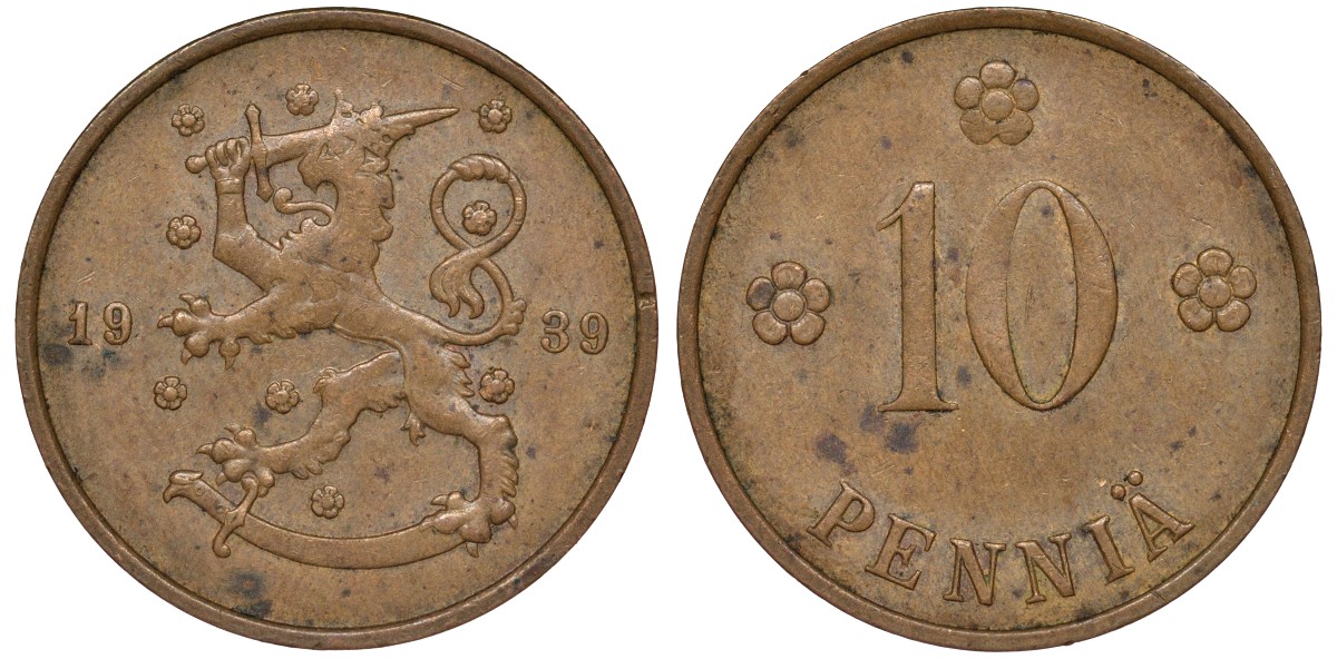 Финляндия 10 пенни 1939 KM 24 медь 51-3051