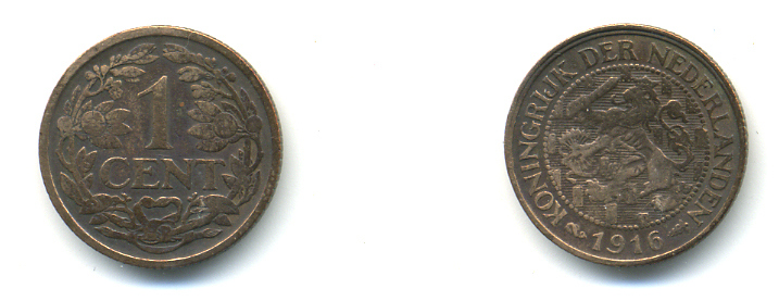 НИДЕРЛАНДЫ 1 ЦЕНТ 1916 KM 152 бронза 83-833