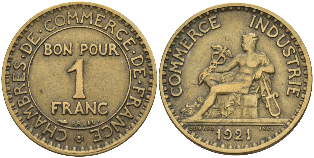 Франция 1 франк 1921 KM 876, Le Franc 218.5 алюминиевая бронза 4142-611