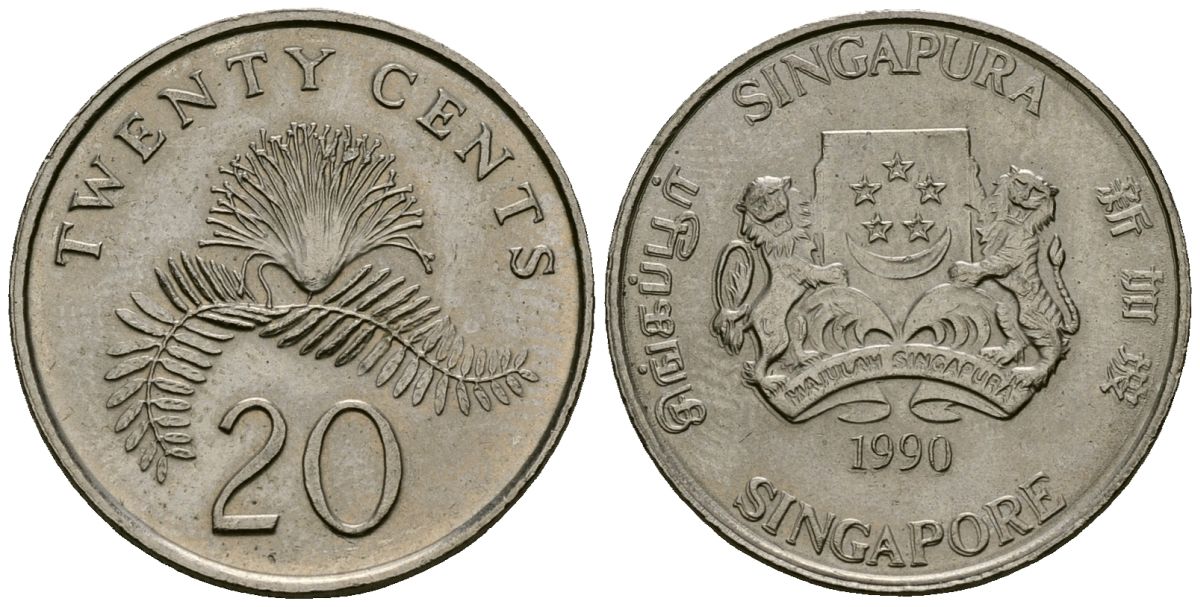 Сингапур 20 центов 1990 KM 52 медно-никель 4167-1011