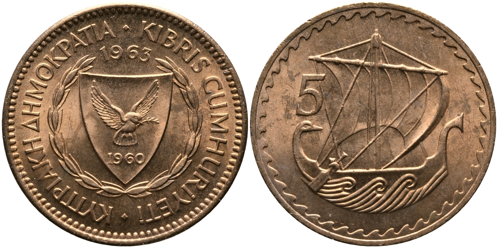 Кипр 5 милсов 1963 парусник KM 39 бронза aUNC 33-744