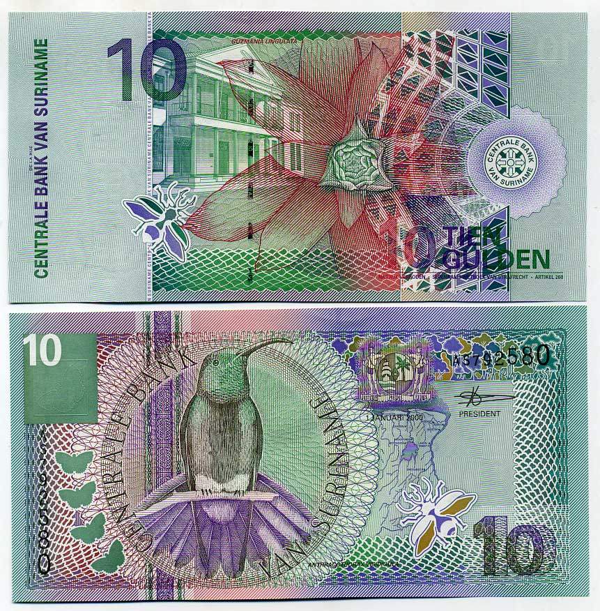 Суринам 10 гульденов 2000 колибри-манго, цветок Pick 147 бумага UNC (пресс) 445-56-2