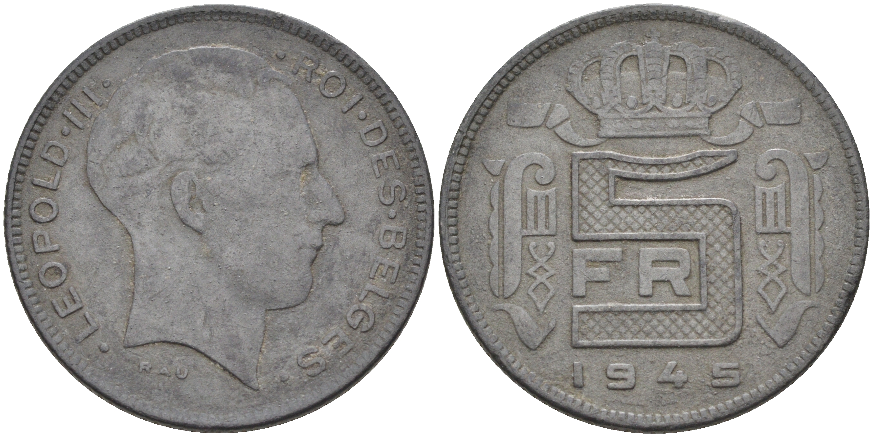 Бельгия 5 франков 1945 Belges, германская оккупация KM 129.1 цинк 4592-352