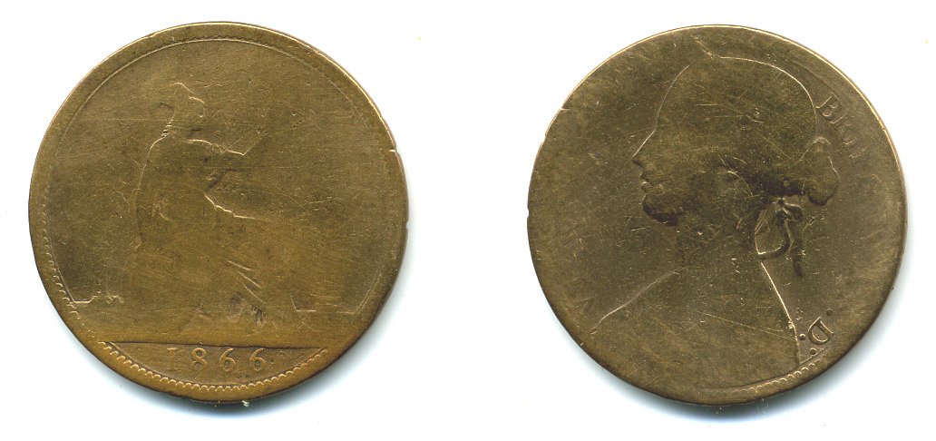 Великобритания 1 пенни 1866 Виктория (1837-1901) KM 749.2, Spink 3954 бронза 23-1346