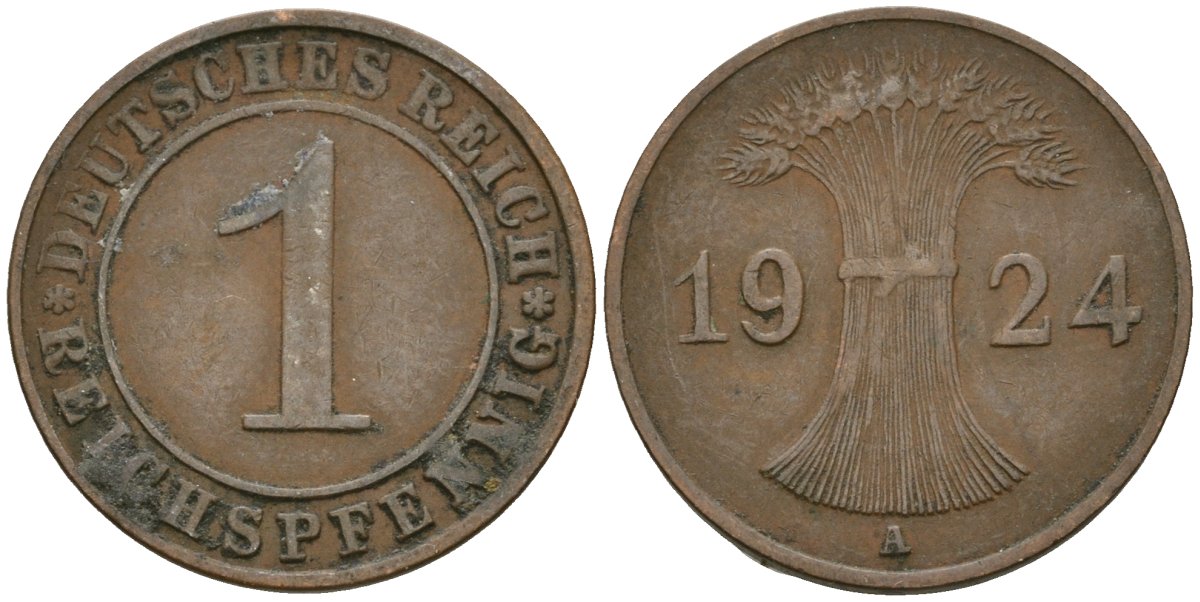 Германия 1 рейхспфенниг 1924 A KM 37, J. 313 бронза 4189-1057