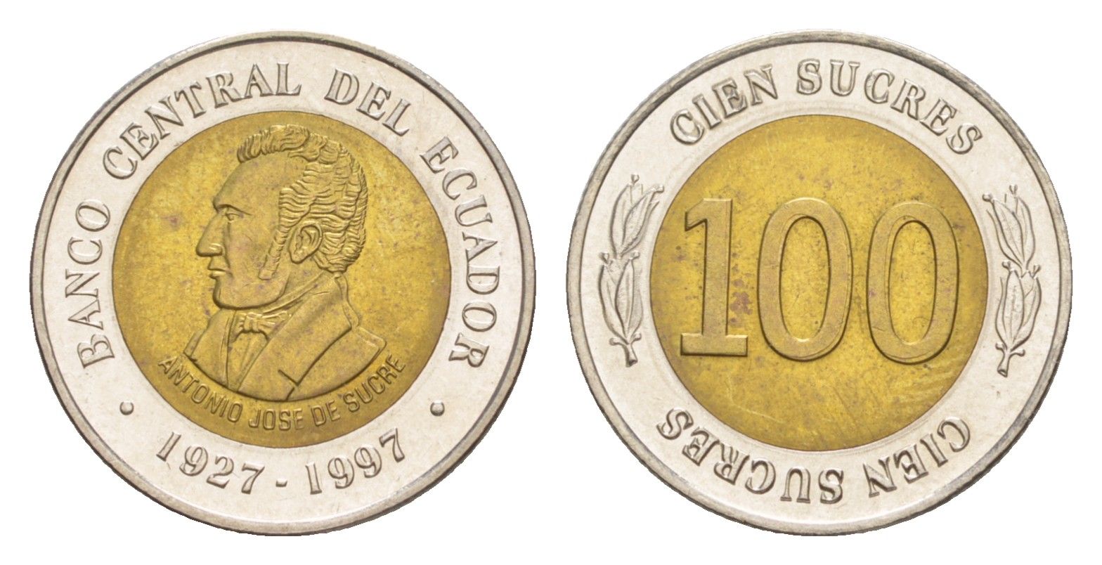 Эквадор 100 сукре 1997 70 лет Центробанку KM 101 биметалл UNC 4640-1251