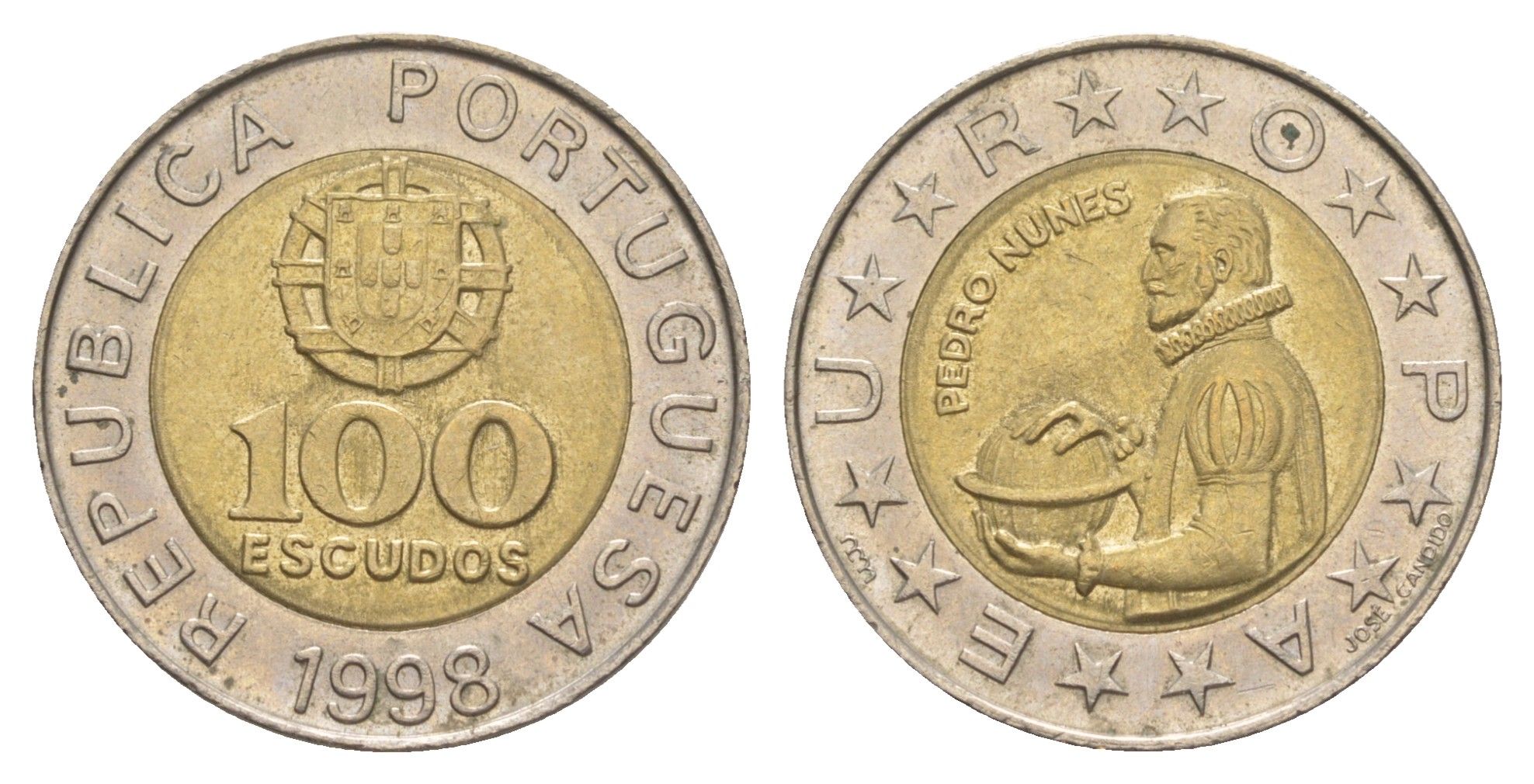 Португалия 100 эскудо 1998 Педру Нуниш (1502-1578), математик KM 645 биметалл 4391-354