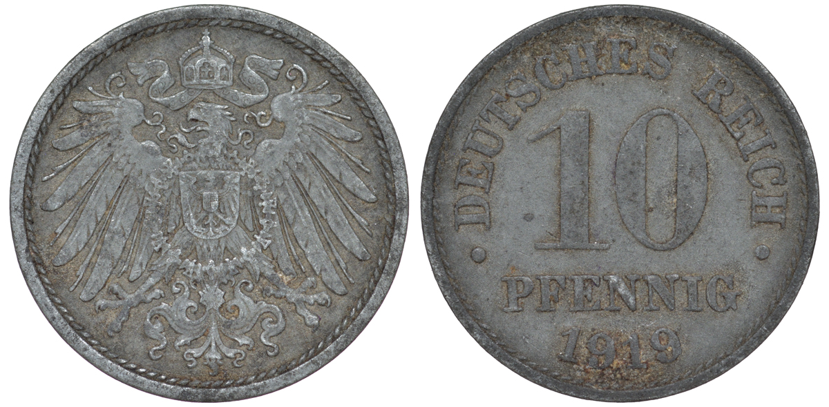 ГЕРМАНИЯ 10 ПФЕННИГОВ 1919 KM 26, J. 299 цинк 45-1255