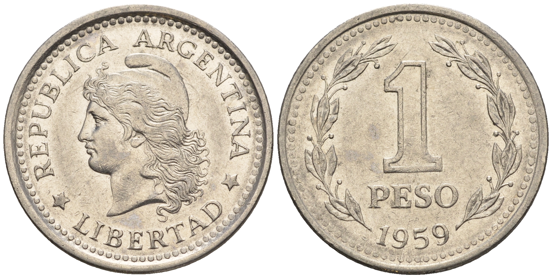 Аргентина 1 песо 1959 голова свободы влево KM 57 сталь плакированная никелем 87-344