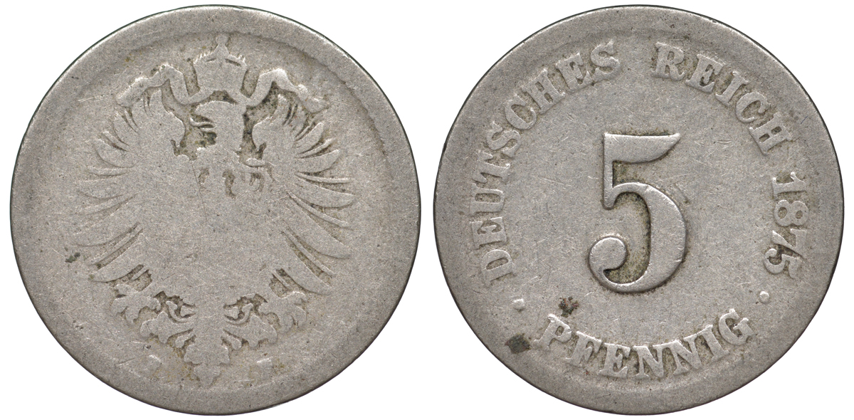 ГЕРМАНИЯ 5 ПФЕННИГОВ 1875 F, СТАРОГЕРБОВКА KM 3, J.3 медно-никель 45-445