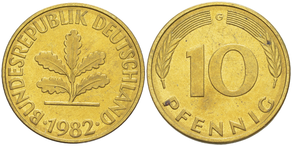 ФРГ 10 ПФЕННИГОВ 1982 G KM 108, J. 383 сталь плакированная латунью 4182-932