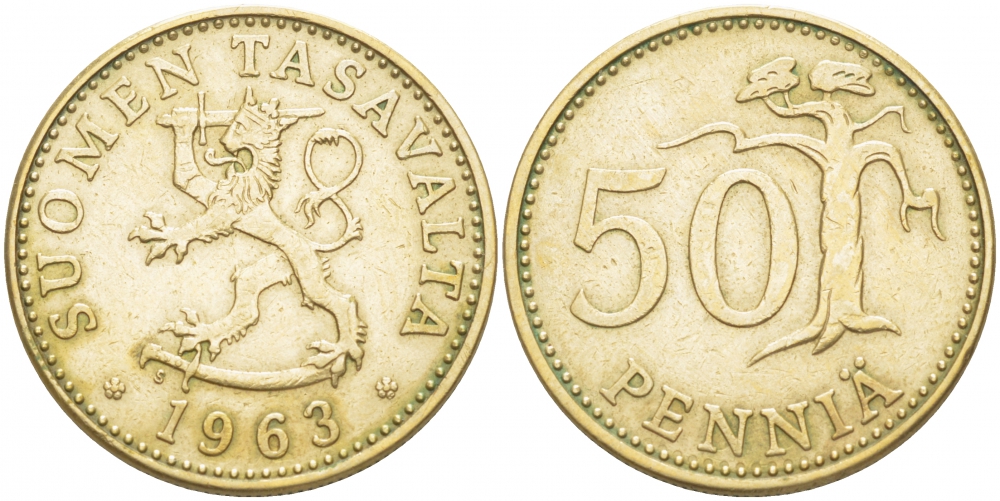 ФИНЛЯНДИЯ 50 ПЕННИ 1963 S ПЕРВЫЙ ГОД KM 48 алюминиевая бронза 3457-846