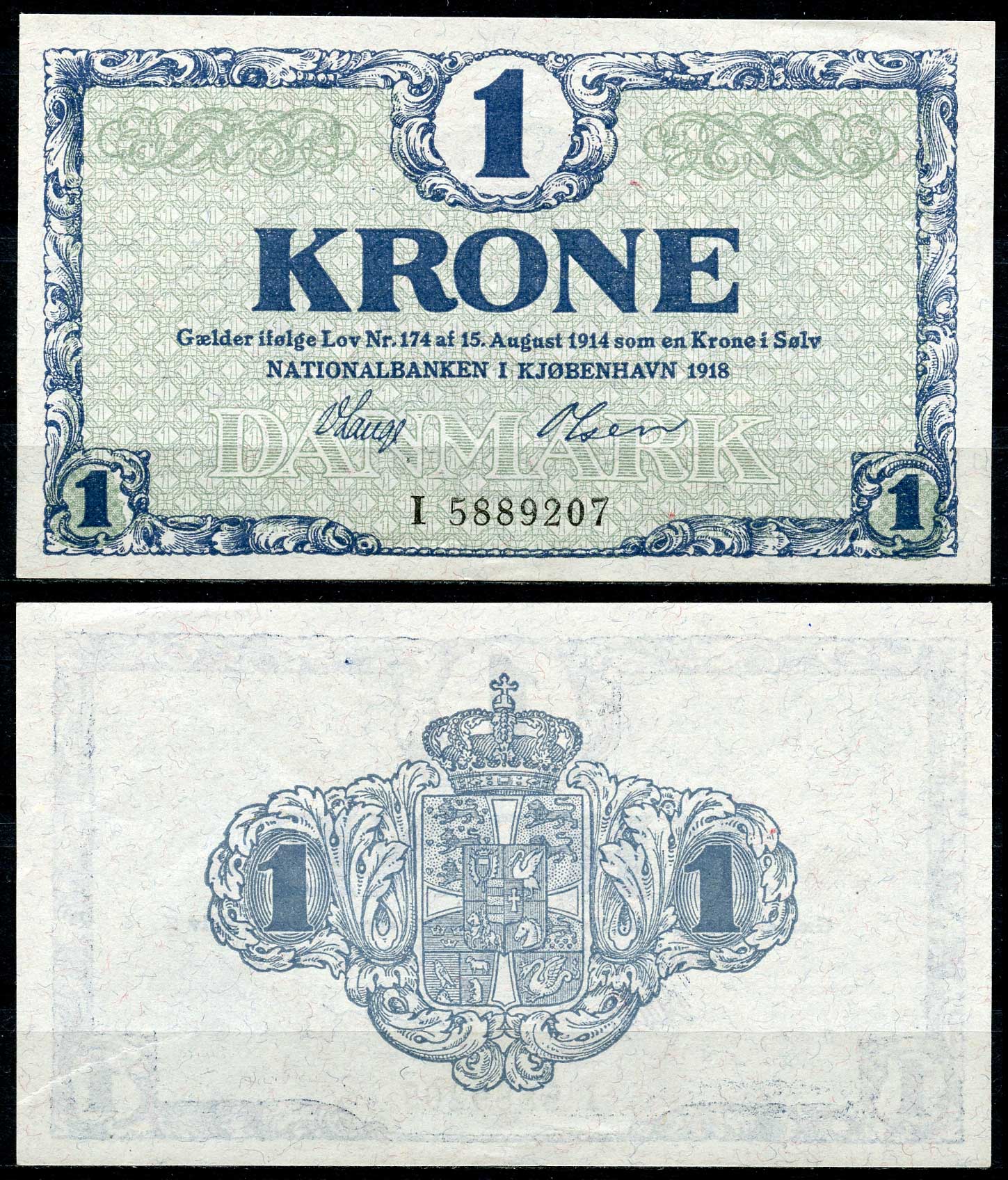 Дания 1 крона 1918 серия I Pick 12 d бумага UNC (пресс) 7484-3-1-2