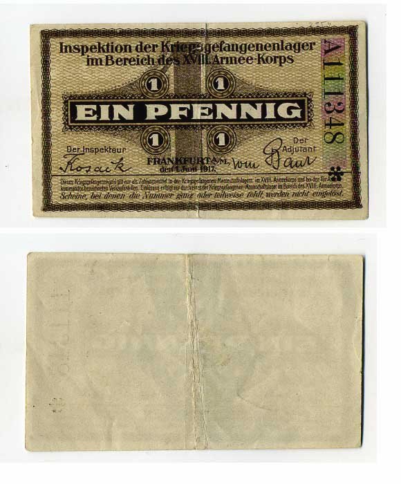 Германия 1 пфенниг 1917 инспекция лагерей военнопленных в Франкфурте на Майне, XVIII-ий Армейский корпус, июнь C-2954 бумага 504-82-3-2