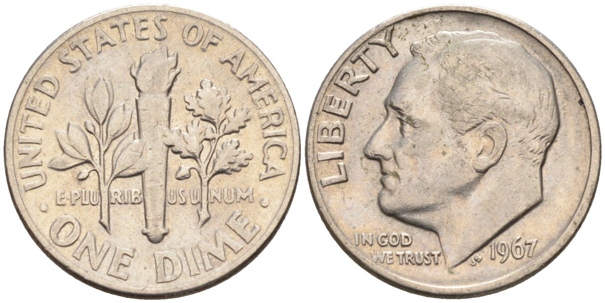 США 10 центов (дайм) 1967 Рузвельт KM 195а медь плакированная медно-никелем 4115-757