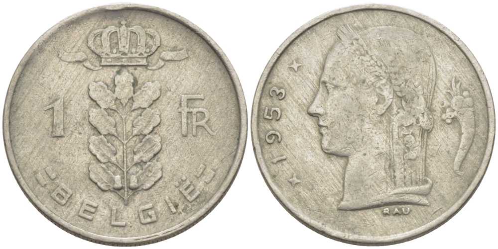Бельгия 1 франк 1953 Belgie, Бодуэн I (1951-1993) KM 143.1 медно-никель 119-441