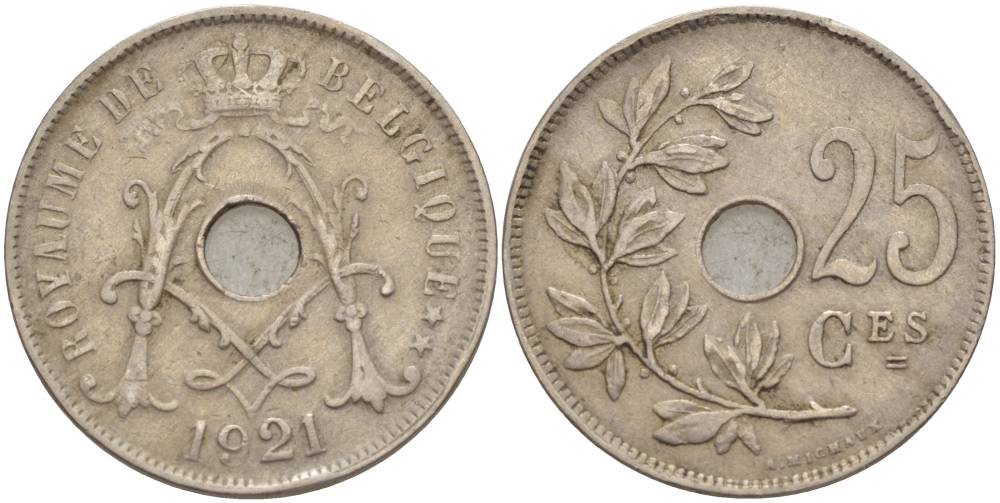 БЕЛЬГИЯ 25 САНТИМОВ 1921 BELGIQUE KM 68.1 медно-никель 4546-147