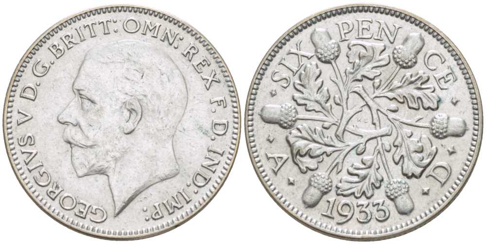 Великобритания 6 пенсов 1933 Георг V (1910-1936) KM 832, Spink 4041 серебро 72-1148