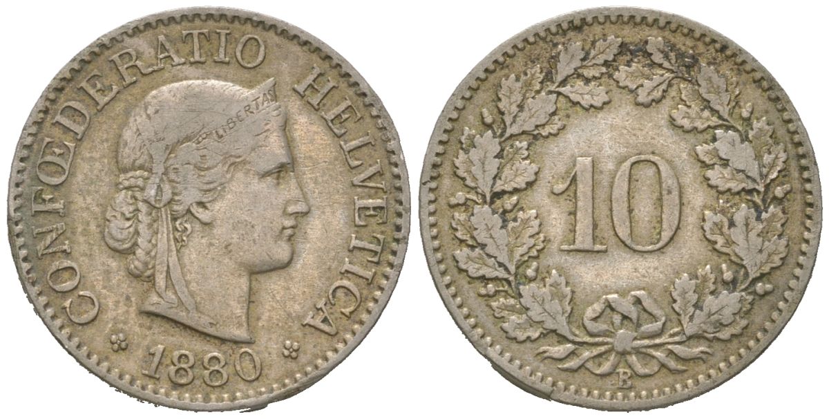 Швейцария 10 раппенов 1880 B KM 27 медно-никель 4164-225