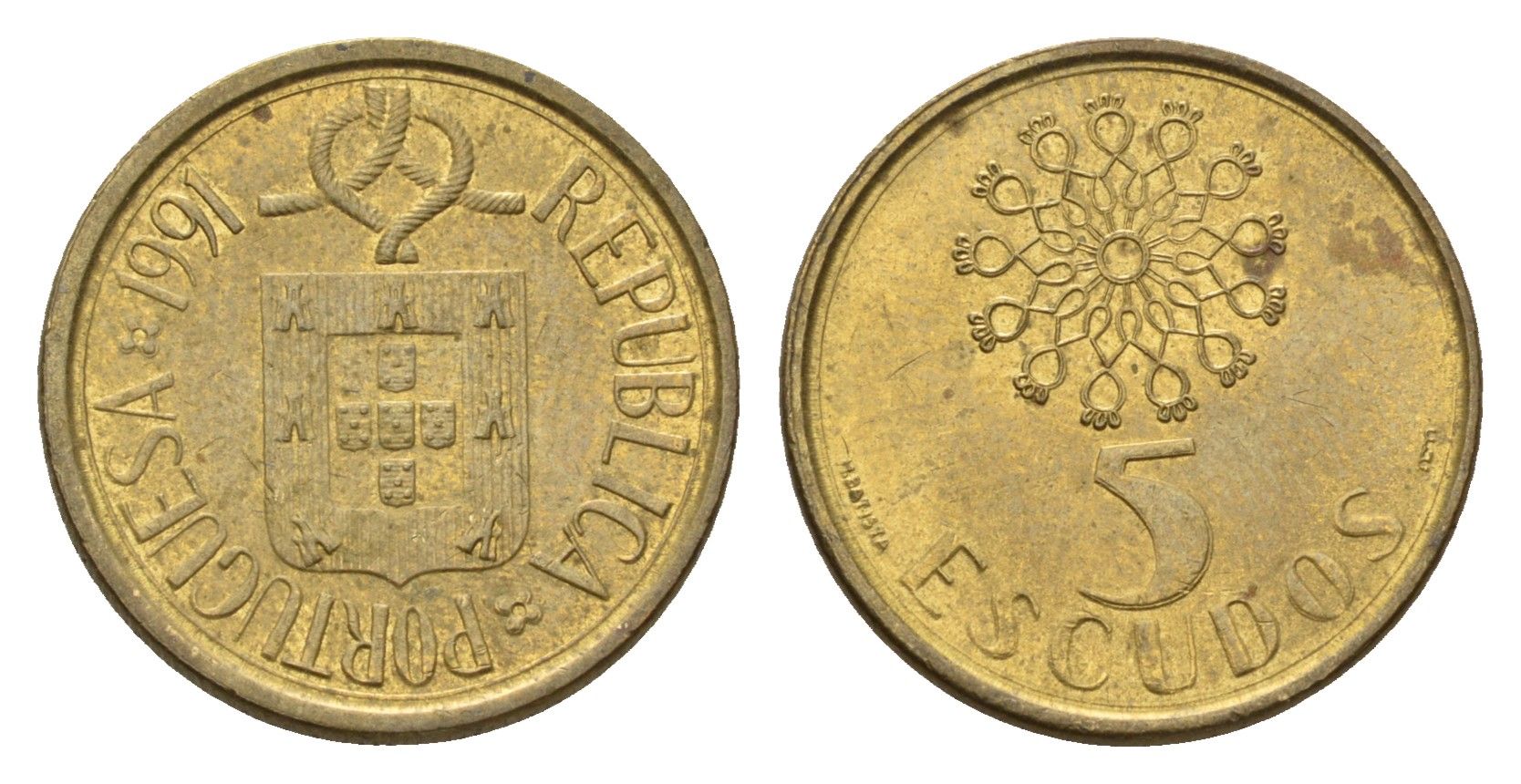 Португалия 5 эскудо 1991 KM 632 никель латунь 4674-764