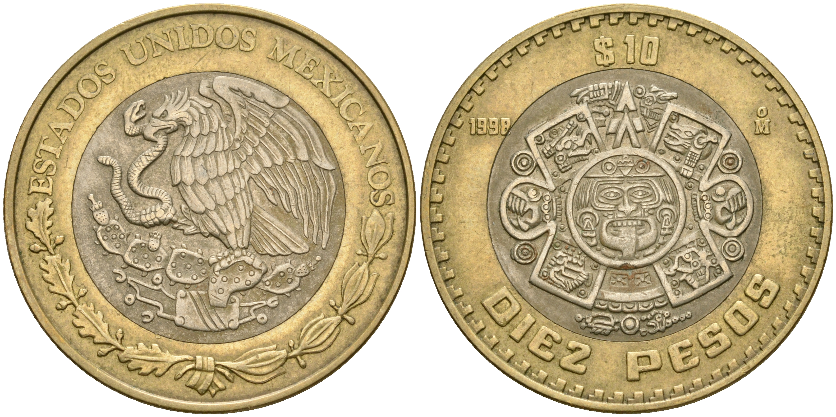 Мексика 10 песо 1998 Мо, бог Тонатиуха с огненной маской KM 616 биметалл 4364-2813