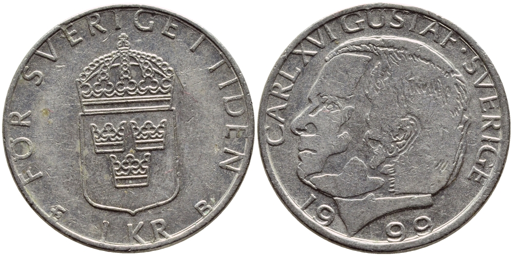 Швеция 1 крона 1999 Карл XVI Густав (1973- ) KM 852a медно-никель 89-727