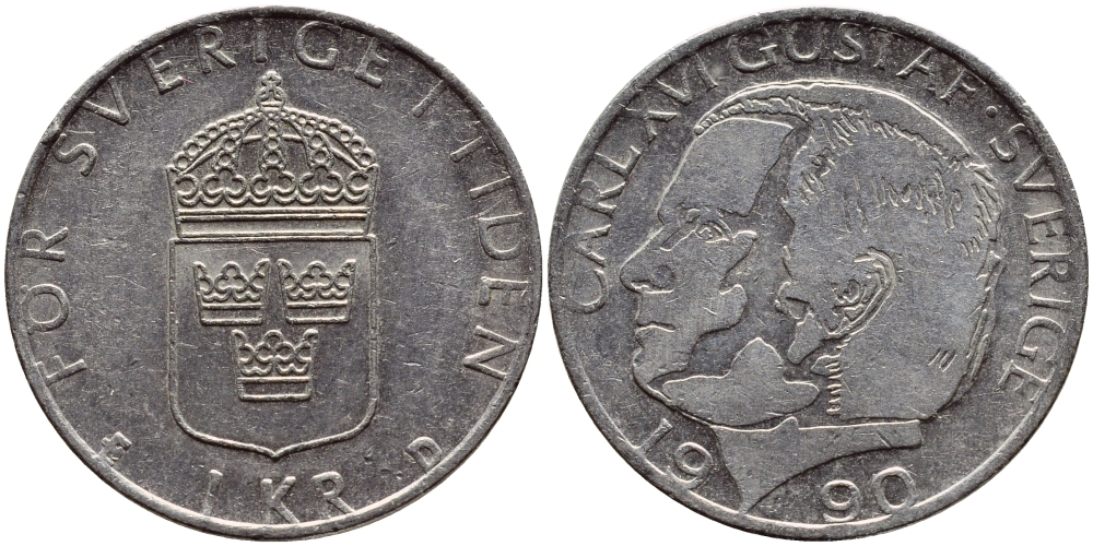 Швеция 1 крона 1990 Карл XVI Густав (1973- ) KM 852a медно-никель 4398-1223