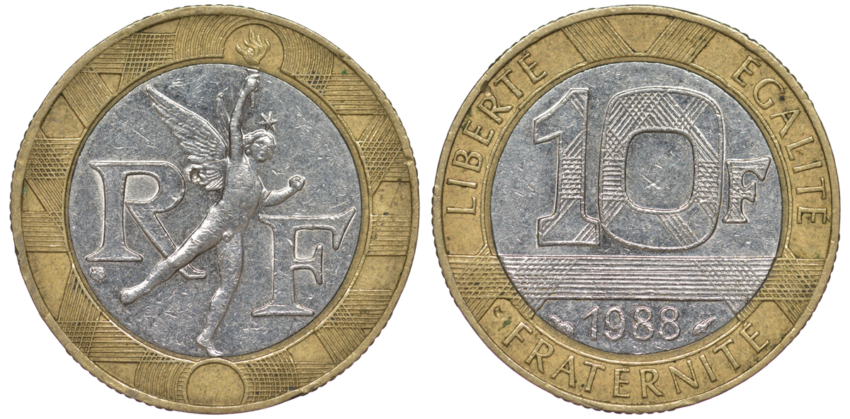 Франция 10 франков 1988 тип Гений Бастилии KM 964.1, Le Frank 375.2 биметалл 45-536