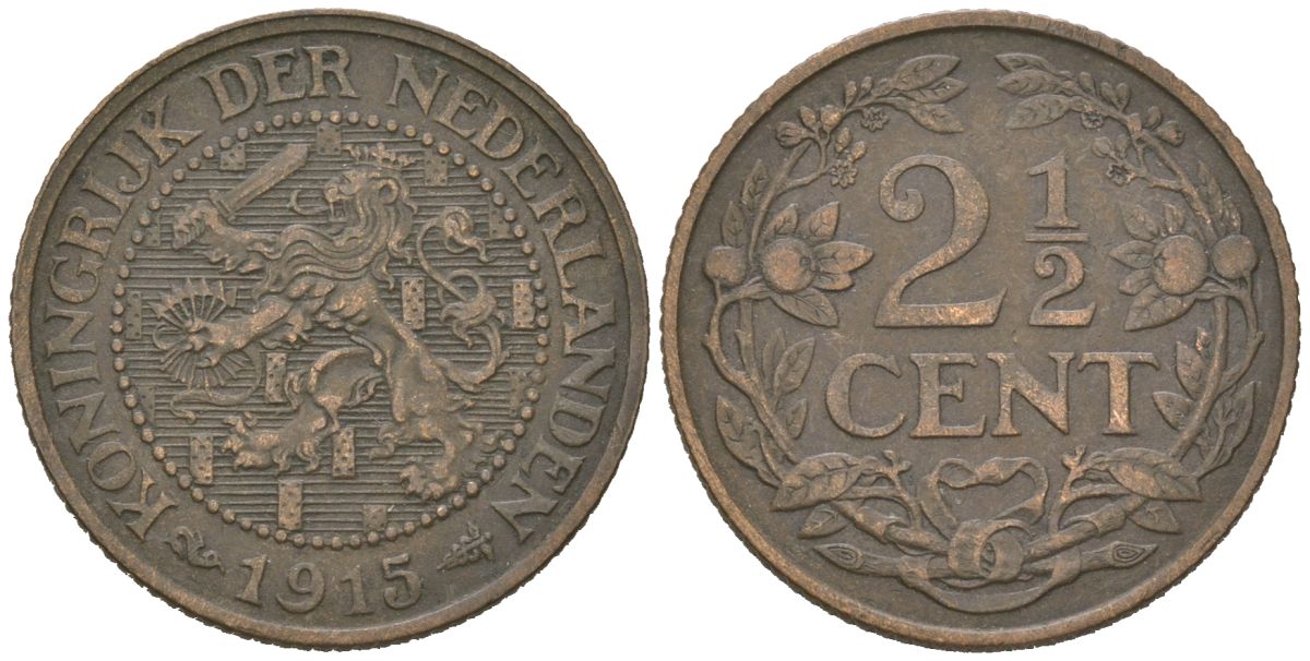 Нидерланды 2 1/2 цента 1915 Вильгельмина (1890-1948) KM 150 бронза 4582-1222