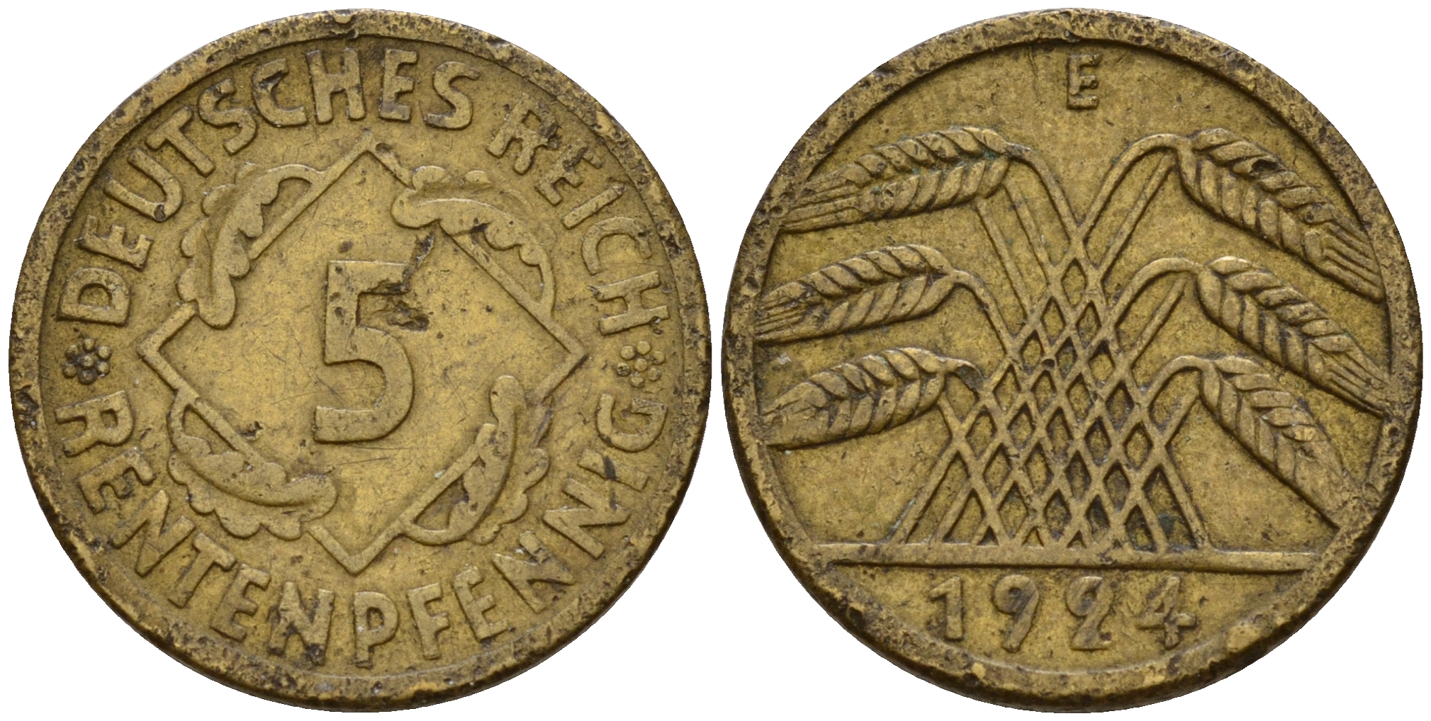 Германия 5 рентенпфеннигов 1924 E J.308, KM 32 алюминиевая бронза    4598-1158