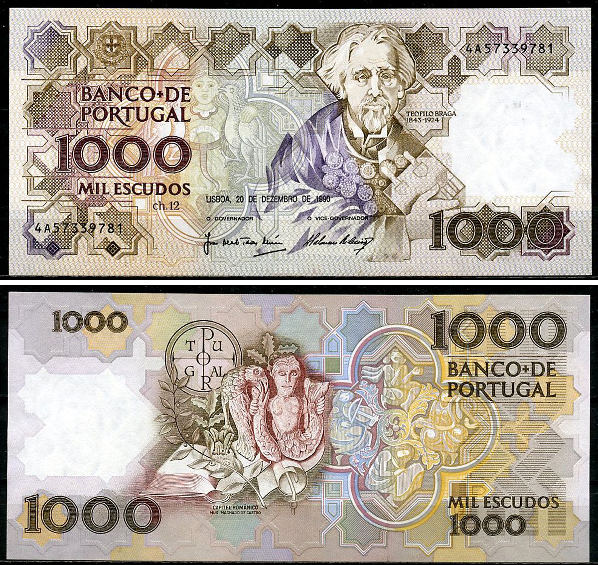 Португалия 1000 эскудо 1990 Жоаким Теофилу Фернандеш Брага Pick 181 h (4)  бумага  UNC (пресс) 6294-78-3-2