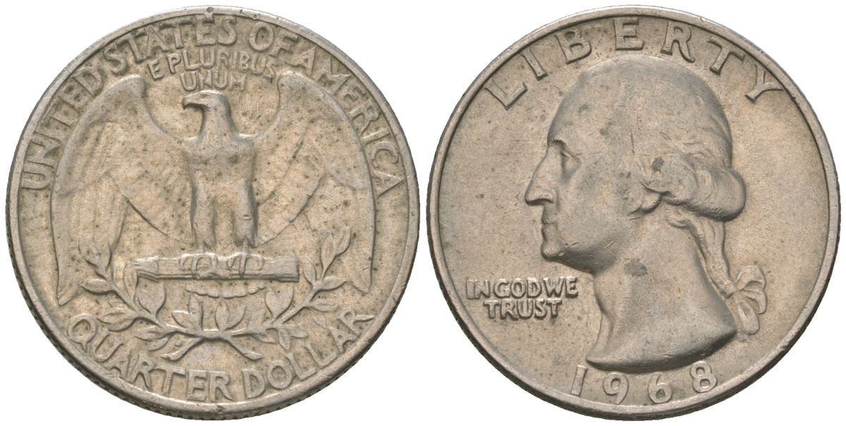 США 25 центов (квотер) 1968 Вашингтон KM 164a медь плакированная медно-никелем 4601-1232