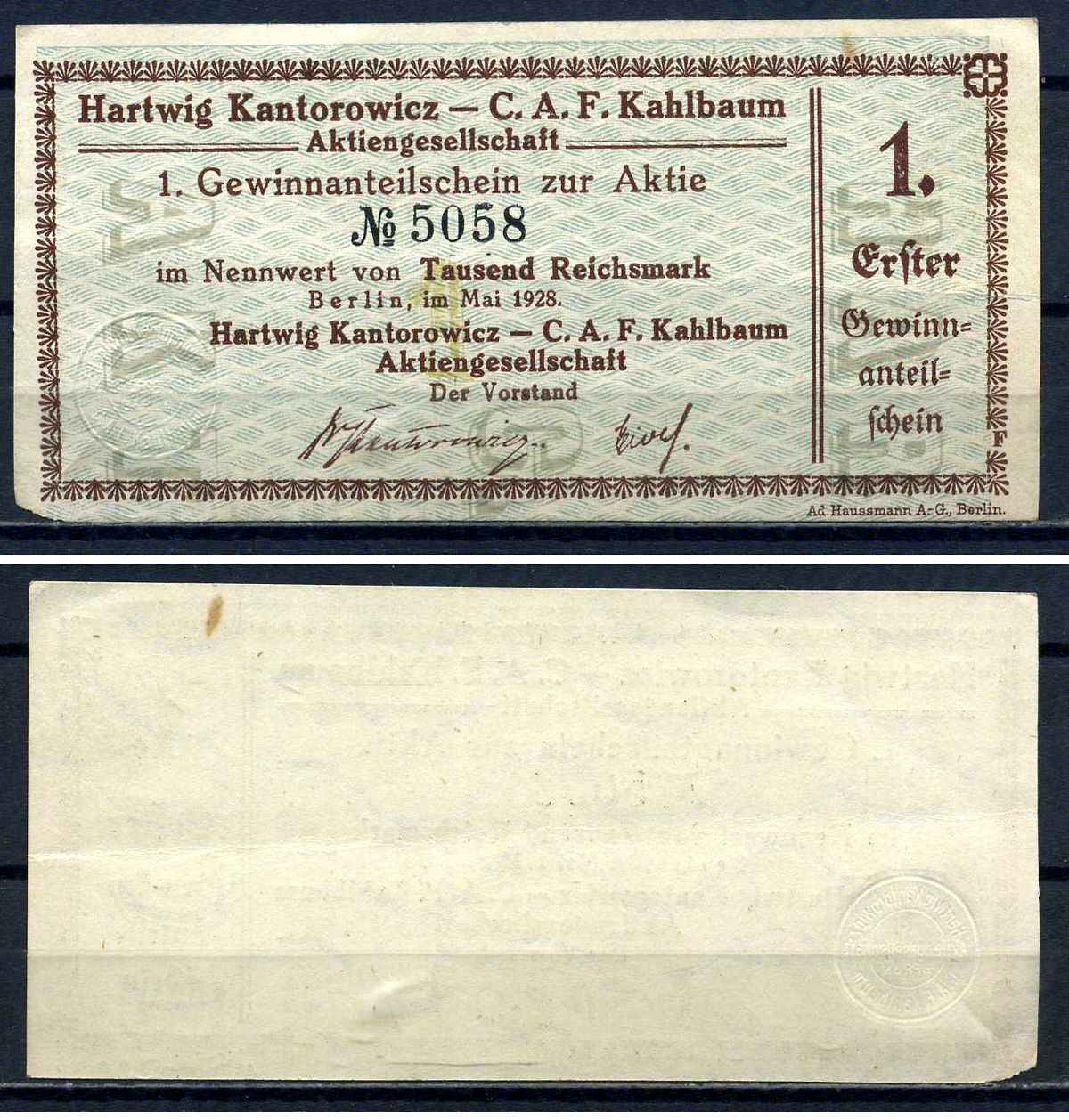Германия, CAF Kahlbaum 1 акция на 1000 марок 1928 бумага 7556-31-4-1
